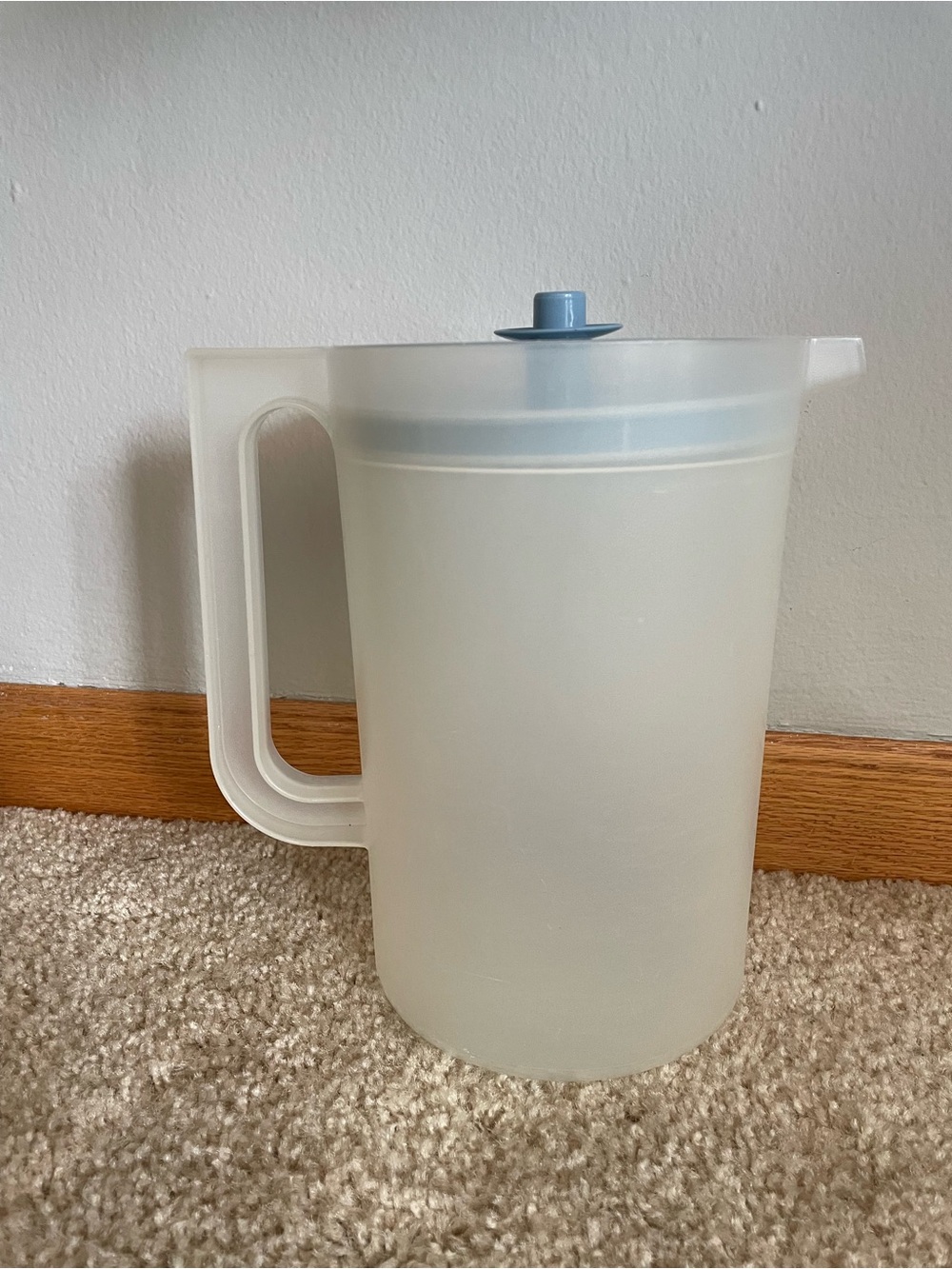 Tupperware Frosted White Pitcher with Blue Lid